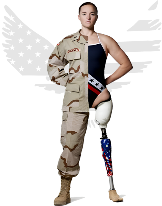 Woman in military uniform with prosthetic leg.